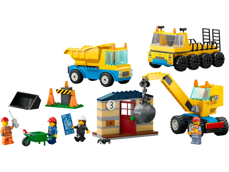 Construction Trucks and Wrecking Ball Crane